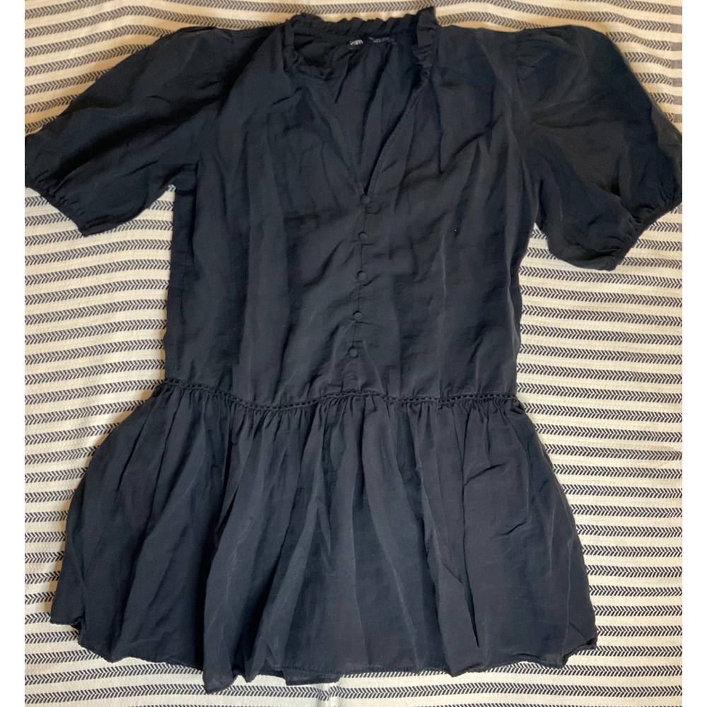 ZARA Black Puff Sleeve Tiered Ruffle V Neck Button Front Mini Dress‎ Size S
